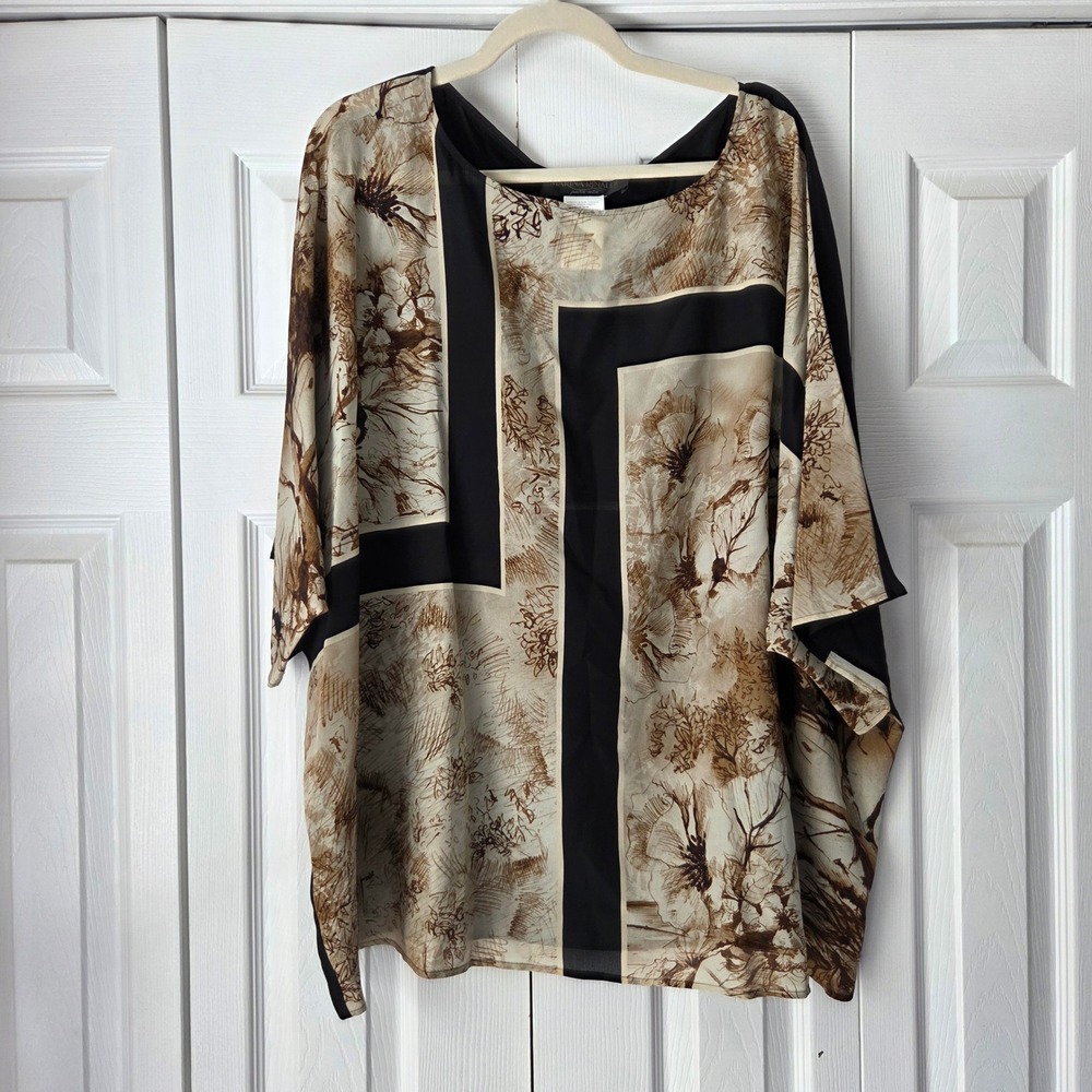 Marina Rinaldi Finire Blouse Women 20W (29) Brown Excellent Silk Kaftan Floral